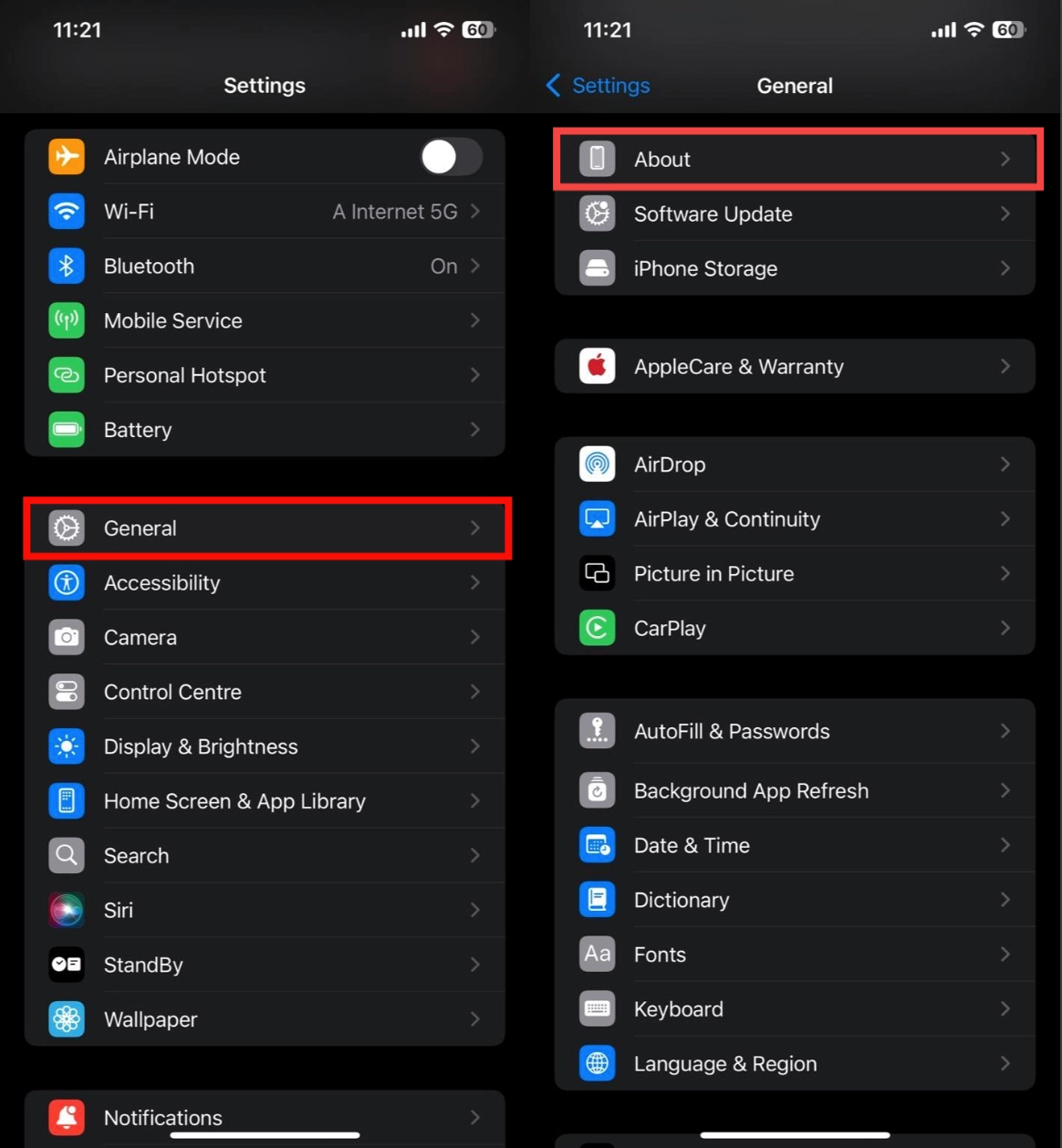 Settings > General and tap on 'About'