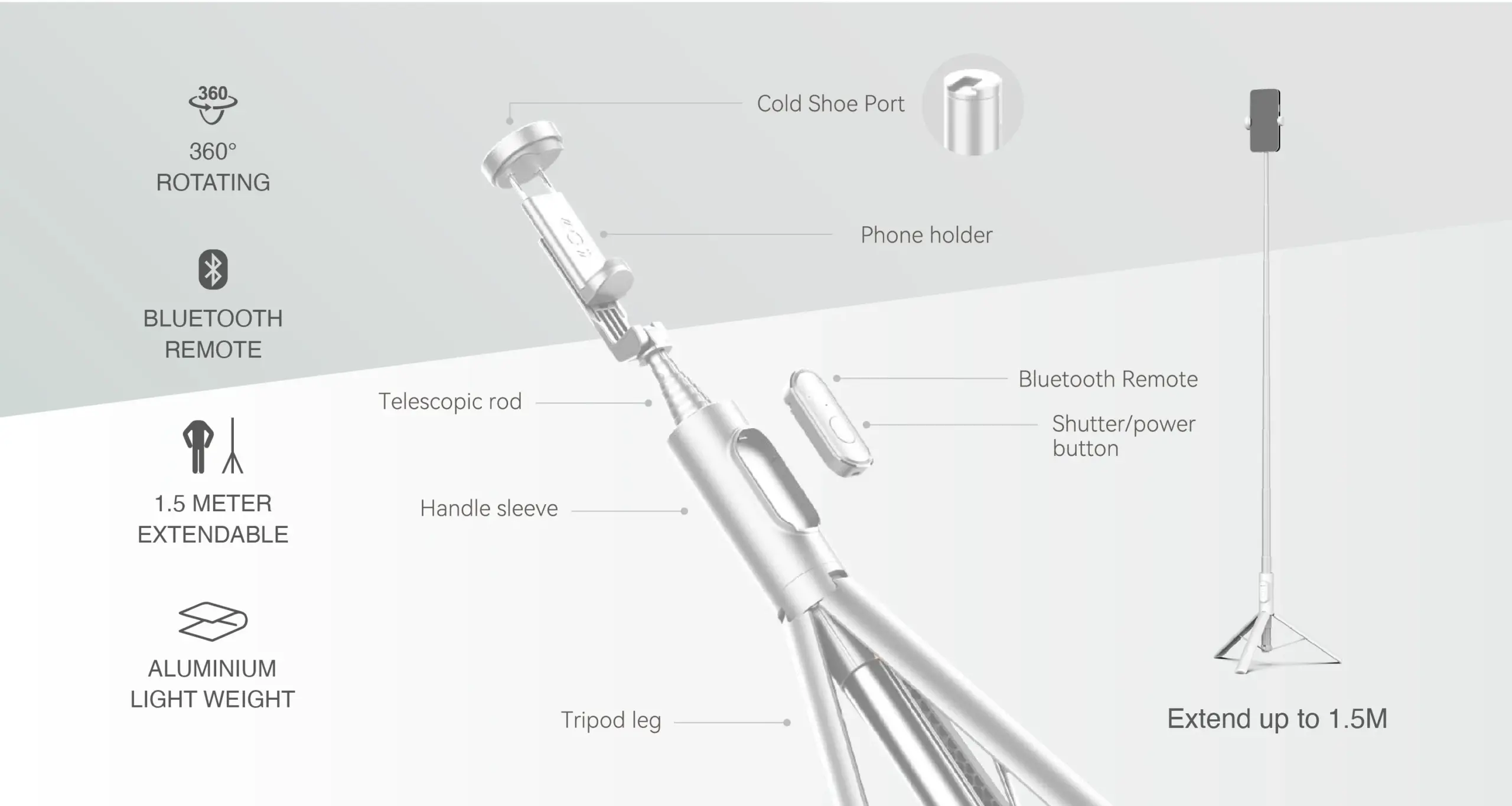 Mazer Foldafie Extend - Foldable Selfie Stick Tripod