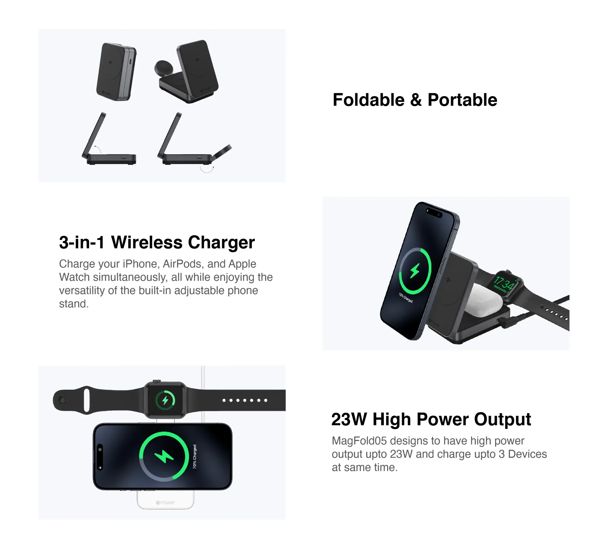 MagFold Trio Qi2 Certified 15W Foldable 3-in-1 Wireless Charger