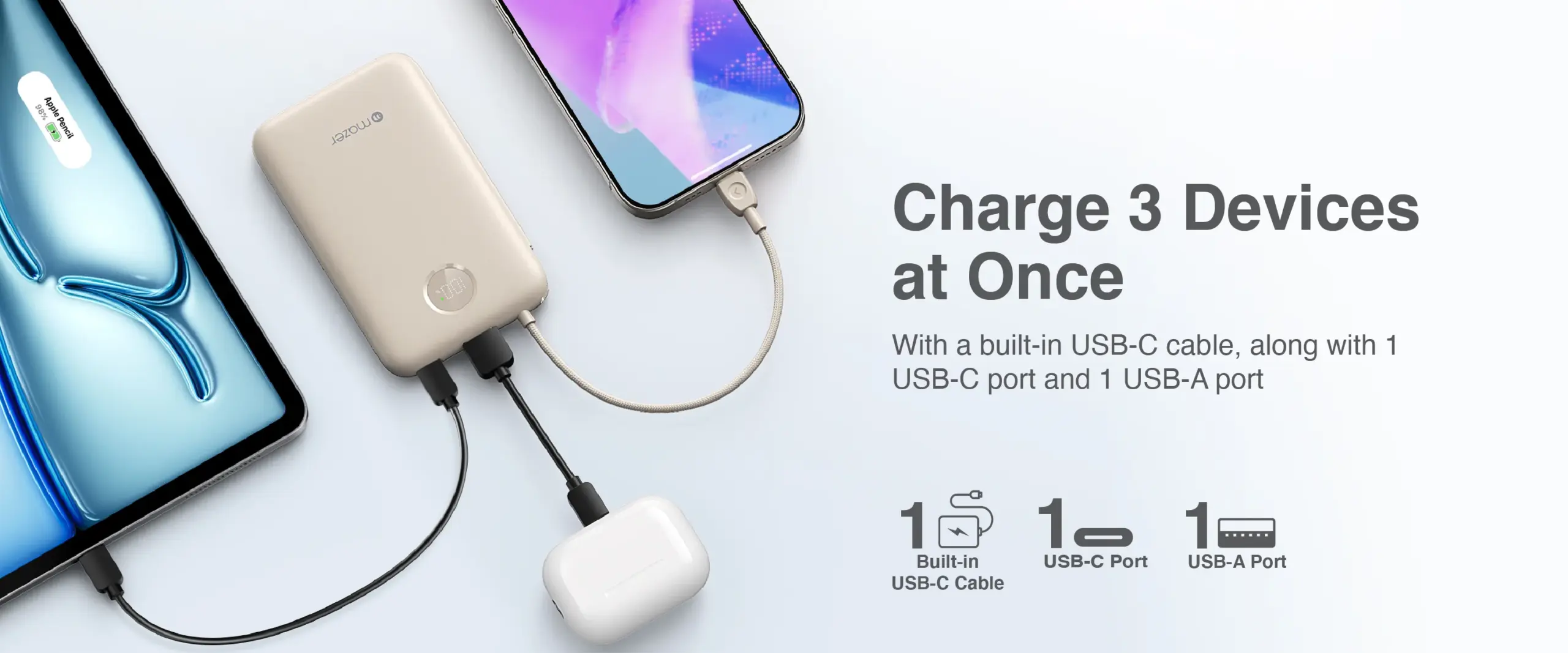 Power Delivery 20W Fast Charging 10,000mAh Capacity USB-C Input/Output USB-A Port Digital & Quick Charge Indicator Ultra-Slim & Compact
