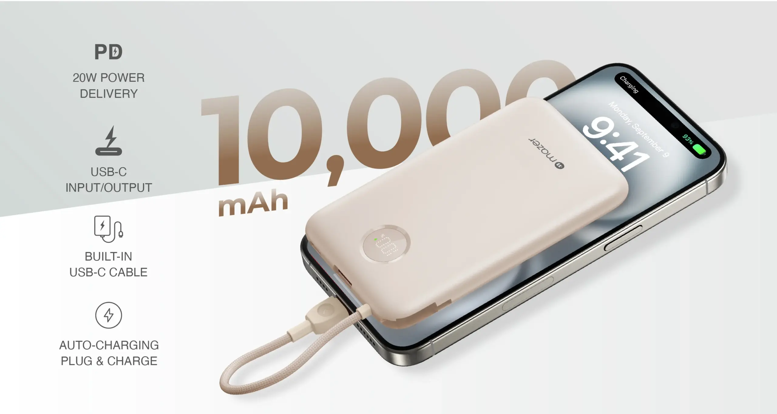 Power Delivery 20W Fast Charging 10,000mAh Capacity USB-C Input/Output USB-A Port Digital & Quick Charge Indicator Ultra-Slim & Compact