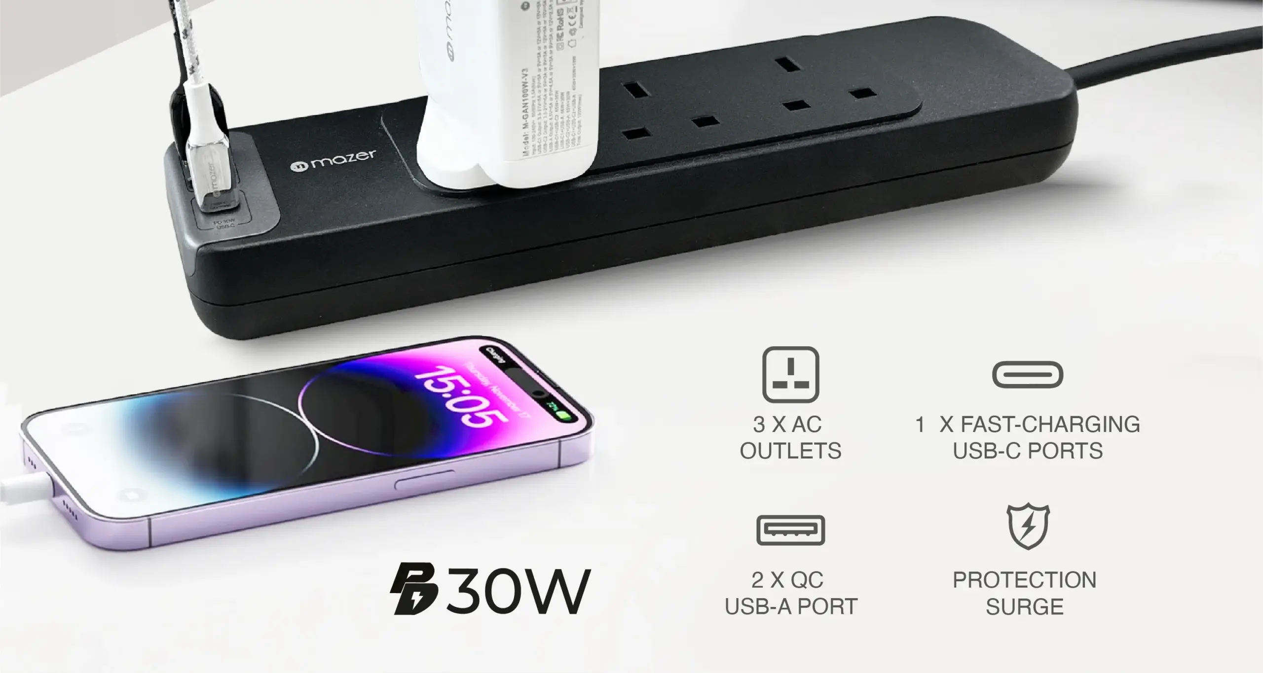 Mazer Power strip with 3 outlets & PD30W